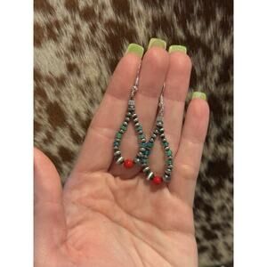 Native American Sterling Silver Navajo Pearl Green Opal Red Coral Hoop Earrings